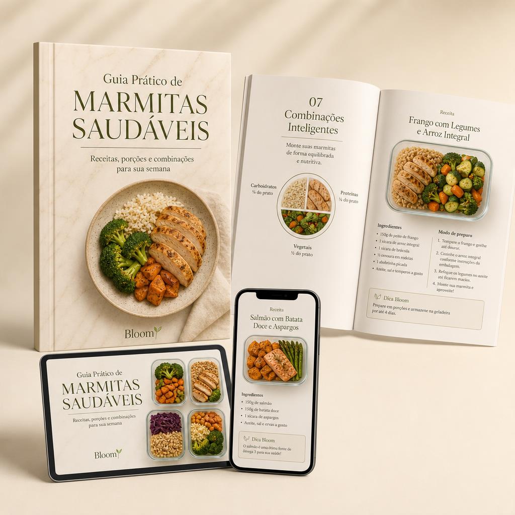 Guia de Marmitas Saudáveis Bloom — capa, tablet e celular