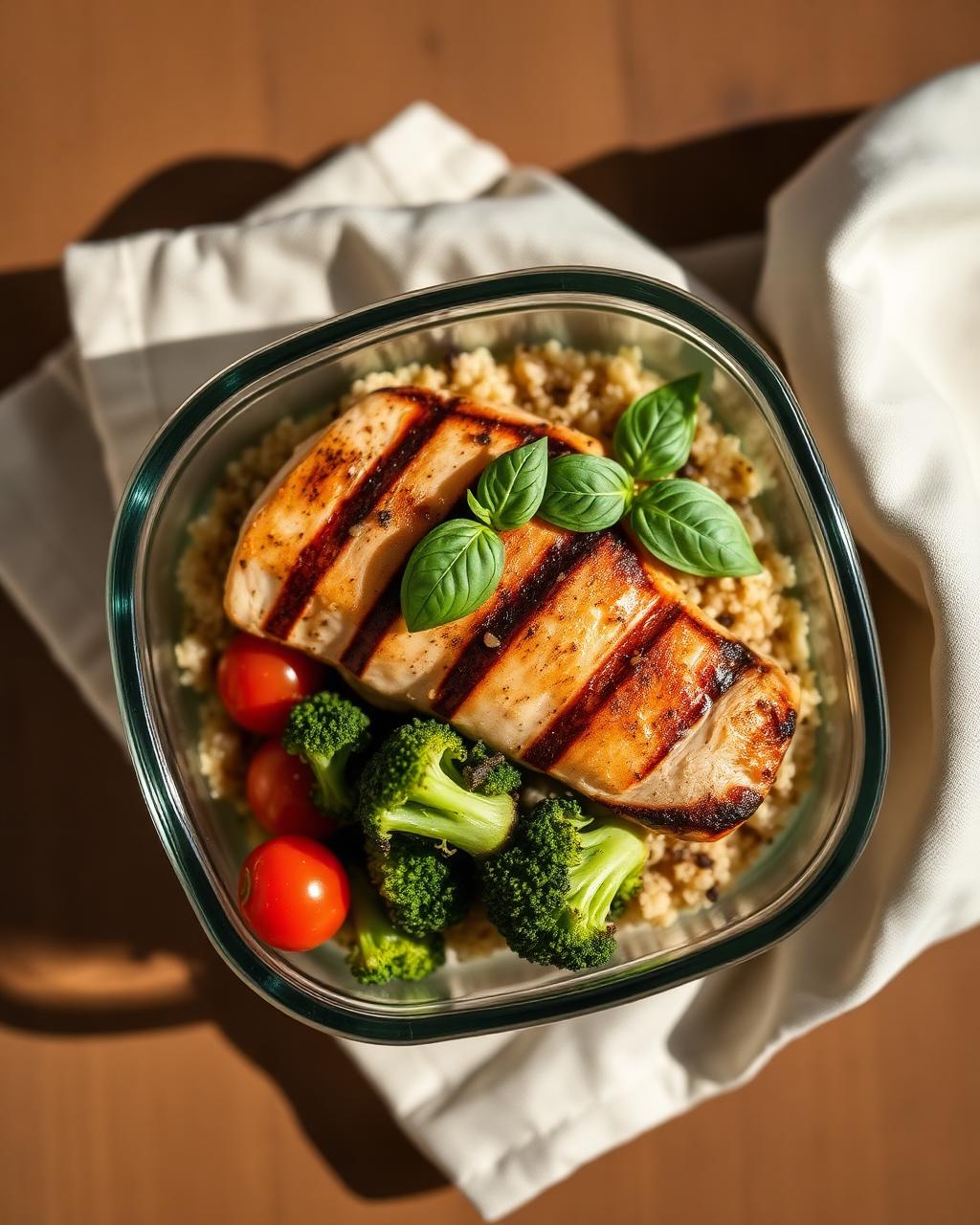 Marmita de frango grelhado com quinoa e brócolis